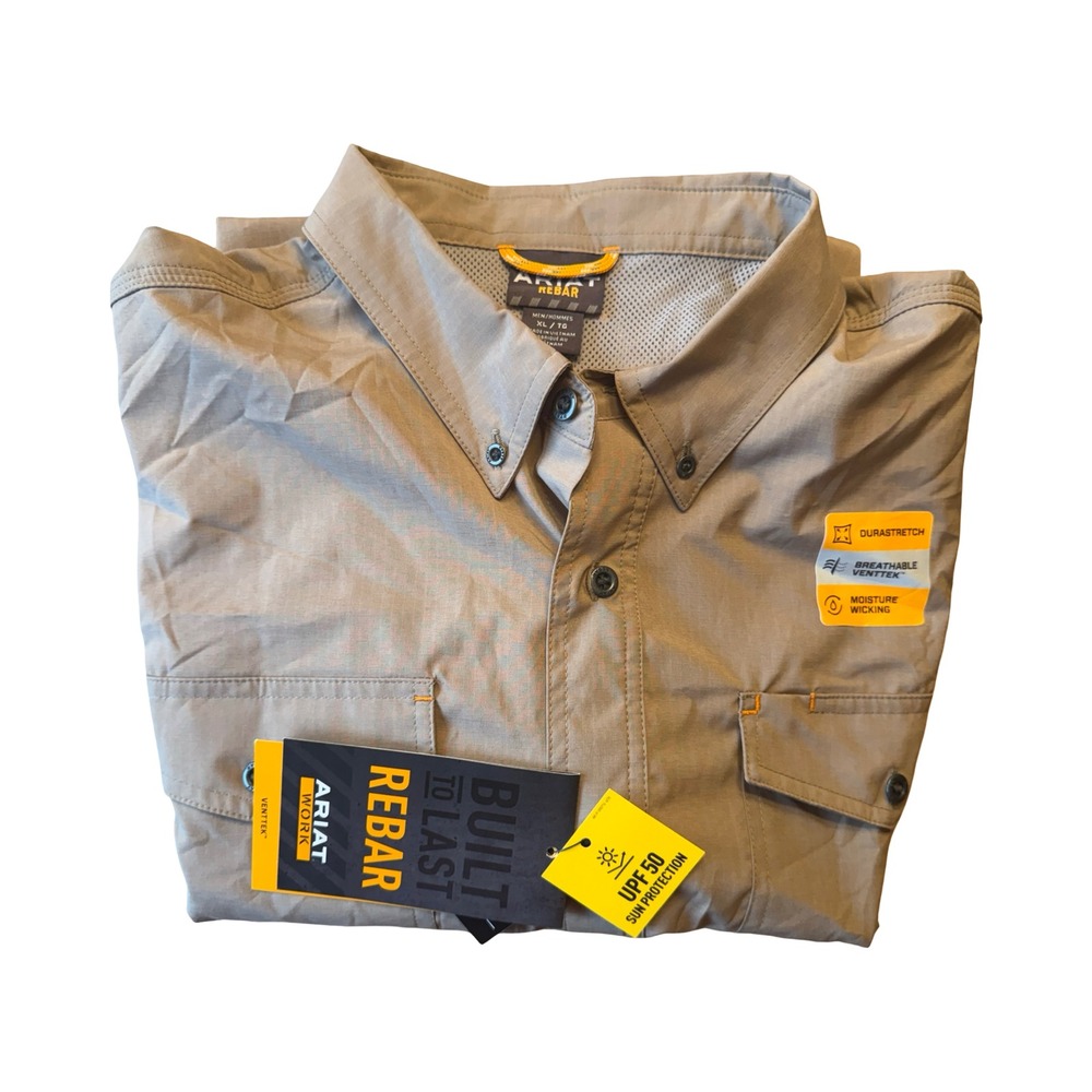 Ariat Rebar Mens VentTEK Short Sleeve Work Shirt Tan DuraStretch UPF 50 10025384